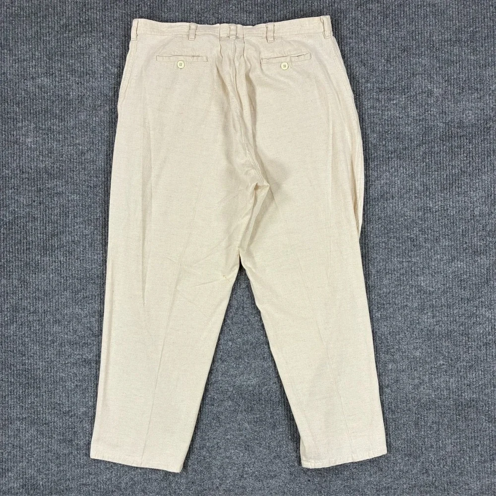 Ossinne Mens Size 44 Linen Cotton Casual Pants Beige Straight Leg High Rise